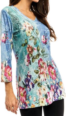 ADORE Floral V Neckline Tunic In Blue Green