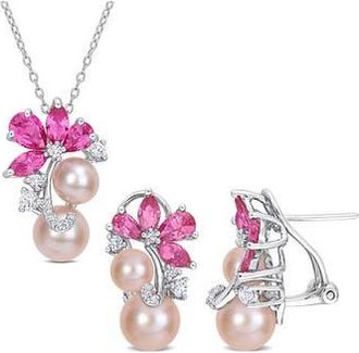 Delmar Pink Cultured Freshwater Pearl & Lab Grown Sapphire Flower Necklace & Earrings Set at Nordstrom Rack