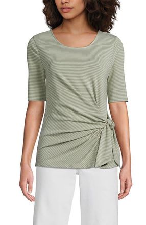 Lands End Lightweight Jersey Tie Front Top in Sage Thin Stripe at Nordstrom, Size X-Large