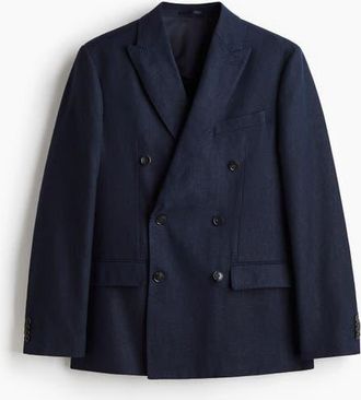 H&M Relaxed Fit Double-breasted Linen-blend Jacket in Navy Blue at Nordstrom, Size 46