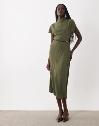 Mango abito midi senza maniche con collo alto color kaki-Marrone