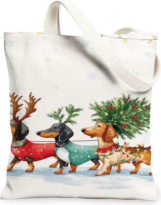Generic Christmas Dogs Canvas Tote Bags, Holiday Animal Design Reusable Grocery Bags, Winter Retro Lightweight Washable Shoulder St, White, 13x15 Inch