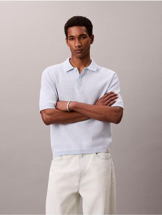 Calvin Klein Mens Smooth Cotton Waffle Sweater Polo Shirt - Light/Pastel Blue - 2XL