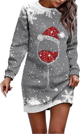 Generic Womens Oversized Sweatshirt Dress Long Sleeve Crew Neck Christmas Sparklle Xmas Wine Glass Printed Dresses Long Tops to Wear with Leggings Casual Crew