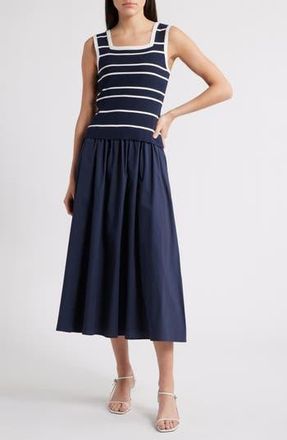 ZOE AND CLAIRE Mixed Media Sleeveless Midi Dress in White/Navy at Nordstrom Rack, Size X-Small