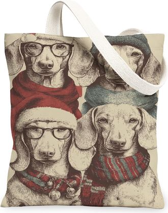 Generic Vintage Fanciful Canvas Tote Bags, Dog Portraits Pattern Reusable Grocery Bags, Winter Seasonal Lightweight Washable Should, Beige, 13x15 Inch