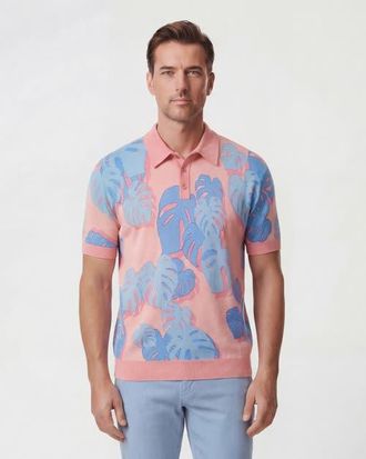 Lords of Harlech Monstera Floral Mens Merino Silk Cashmere Polo in Monstera Floral Coral at Nordstrom, Size Xx-Large