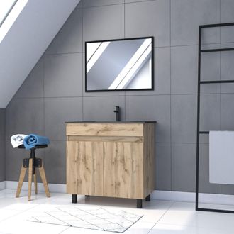 Aurlane Mueble De Ba&ntilde;o 80x80 Cm - Acabado Roble Natural + Lavabo Negro + Espejo