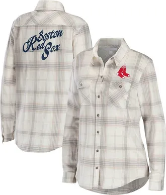 WEAR by Erin Andrews Womens WEAR by Erin Andrews Gray/Cream Boston Red Sox Flannel Button-Up Shirt at Nordstrom, Size X-Small