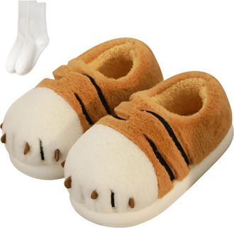 Generic Cat Paw Slippers for Women, Cozy Plush Memory Foam, Cute Cat Feet Design, Warm Fuzzy Slippers Indoor (Heel-Tiger Pattern, Adult, Women, 5.5, Numeric R