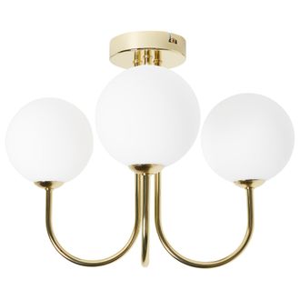 Beliani L&aacute;mpara De Techo Moderna Vidrio 3 Luces Placa Met&aacute;lica Pantalla Redonda Colgante Blanco Y Dorado Shire