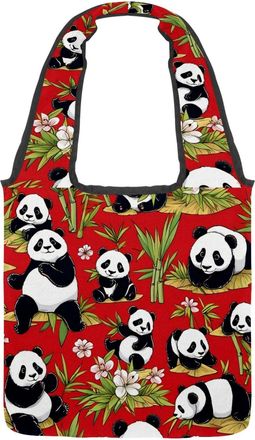 Generic Cute Panda on Red Reversible Canvas Shoulder Tote - Double-Sided Print, 12oz Cotton, 27cm Drop, Fold-Flat Bag for Travel, Shopping, Street Outings