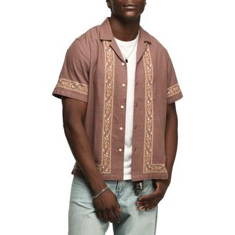 Lucky Brand Embroidered Cotton Blend Camp Shirt in Brown Multi at Nordstrom, Size Xx-Large