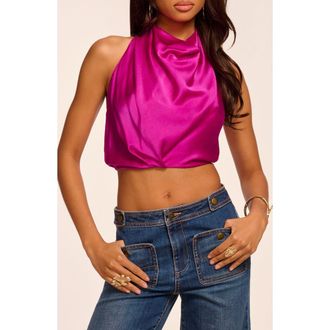 Ramy Brook Libbie Crop Stretch Silk Halter Top in Fiesta Pink at Nordstrom, Size Xx-Small