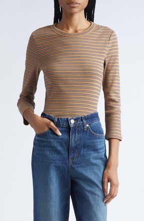 Veronica Beard Pruitt Stripe Three Quarter Sleeve Cotton T-Shirt in Brown Multi at Nordstrom, Size X-Large