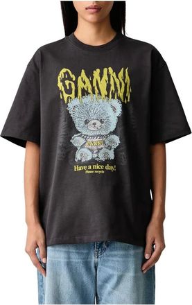 Ganni Forest Teddy Oversize T-shirt - Dames - Tops - Grijs - Maat: S Katoen