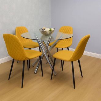 Kosy Koala Round Clear Glass Dining Table Set with 4 Mustard Gem Pattern Chairs