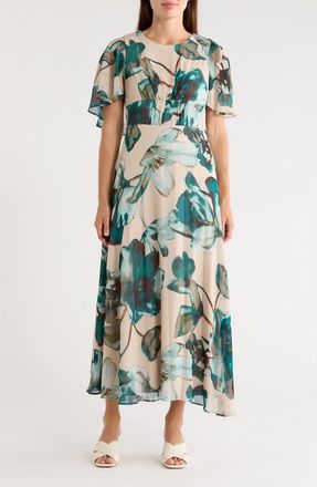 Calvin Klein Floral Cape Sleeve Chiffon Maxi Dress in Sequoia Multi at Nordstrom Rack, Size 14