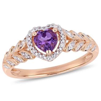 Amour 3/8 CT TGW Heart Shaped Amethyst and Diamond Halo Heart Shaped Ring In 10K Rose Gold