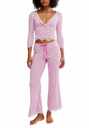 Free People Womens Sleeve Henley Top And Pant 2 Piece Sleep Set In Candy Lilac