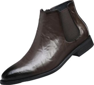 Generic Mens Flat Heel Chelsea Ankle Boots Pointed Toe Short Boots PU Leather Office Dress Shoes with Side Zipper,Brown,7.5 UK