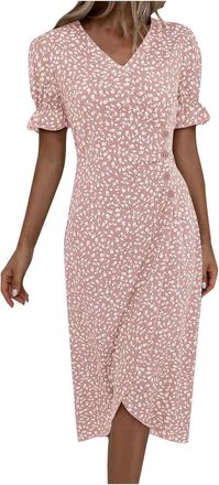 Generic Womens Summer Casual Short Puff Sleeve V Neck Midi Dresses UK 2025 Spring Flowy A-line Boho Ditsy Floral Beach Party Dress,Blue Floral Dress Ladies Dr