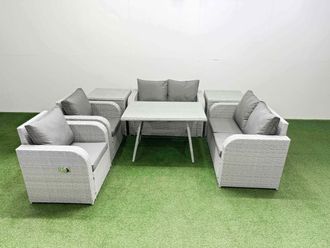 Fimous 6 Seater Rattan Garden Furniture Sets Outdoor Love Sofa Set in Light Grey