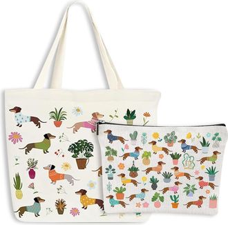 Generic EDLMKM Dog Cotton Canvas Tote Bags for Women Girls, Canvas Reusable Shopping Bags with Makeup Bags for Shopping, Work, Travel Bag, for Student, Teache