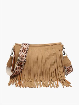 Jen & Co. Womens Sadie Suede Fringe Crossbody Bag With Guitar Strap In Tan