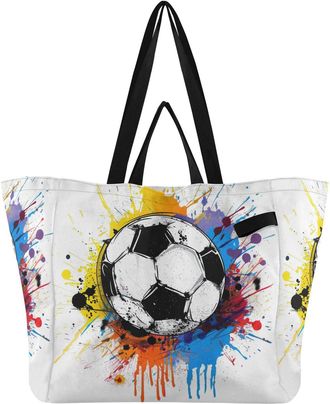 Generic Soccer pattern Reusable Canvas Tote Bag, Heavy Duty Grocery Shopping Bag with Double Handles Hard Bottom Large Capacity Work Groceries Travel