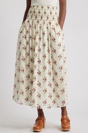 Treasure & Bond Smocked Wiast Maxi Skirt in Ivory- Burgundy Batik Floral at Nordstrom Rack, Size Xx-Small