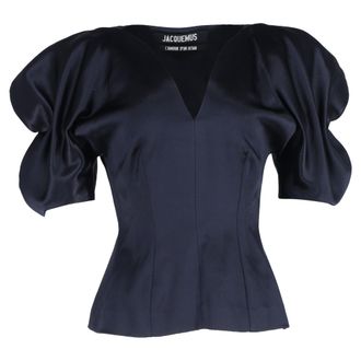 Jacquemus Puffed Sleeve V-neck Blouse in Navy Blue Satin