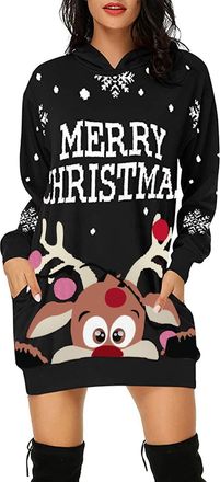 Generic Christmas Sweatshirt Dress for Women Long Oversized Crew Neck Sweatshirts Long Sleeves Merry Christmas Print Wine Glass Graphic Jumpers Funny Cute Chr