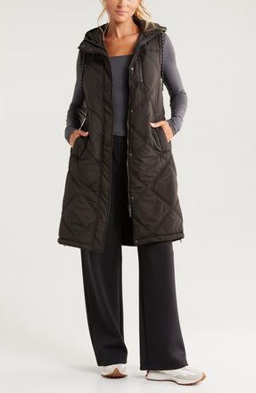 Zella Long Hooded Puffer Vest in Black at Nordstrom, Size X-Small