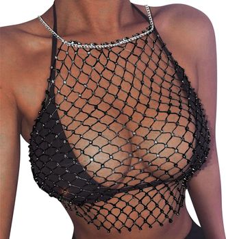 Generic Sexy Sports Vest for Women Casual Tank Tops Ladies Shiny Thigh Chain Club Sexy Bra Vest Armhole Short Top Mesh Crop Tank Vest Athletic Tops for Women 