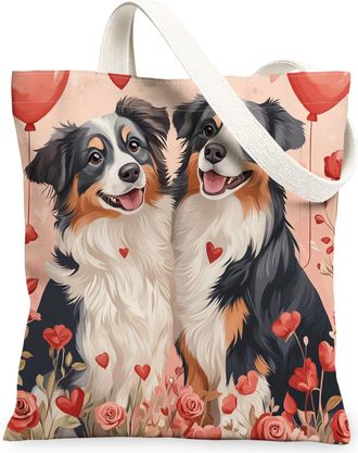 Generic Valentines Day Bichon Frise Dog Canvas Tote Bag for Shopping 13x15, Fun Couple Puppy Reusable Grocery Print Bag for Women, Lover Beach Aesthetic Paint