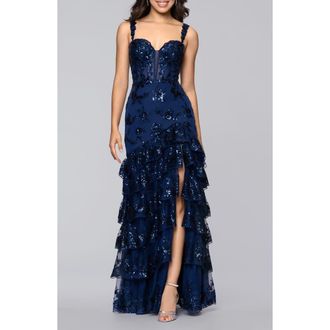 Blondie Nites Sequin Embroidered Tiered Tulle Gown in Navy at Nordstrom, Size 1