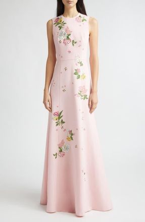 Carolina Herrera Floral Embroidered Sleeveless Crepe Gown in Rosewater at Nordstrom, Size 12