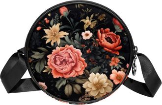 Generic Circle Crossbody Bag for Women, Black Floral Penoy Small Sling Bag Daypack with Zipper Adjustable Shoulder Straps Casual Ladies Girls Round Purse