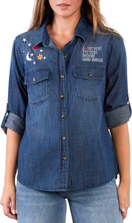 BILLY T To the Moon & Back Embroidered Denim Graphic Button-Up Shirt in Dusk Denim at Nordstrom, Size X-Large
