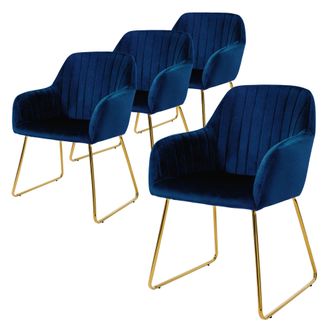 ML Design Ml-design Juego De 4x Sillas De Comedor Azules Asiento Ergon&oacute;mico Acolchado Tapizado De Terciopelo, Patas De Metal Dorado Sill&oacute;n De Dise&ntilde;o Moderno Par