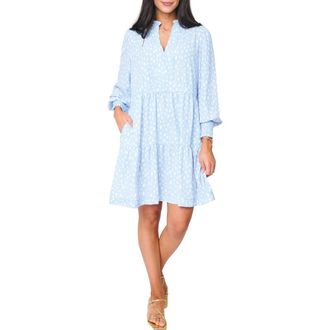 Gibsonlook Printed Tiered Long Sleeve Dress in Sky Blue Off White Dot at Nordstrom, Size Xx-Small