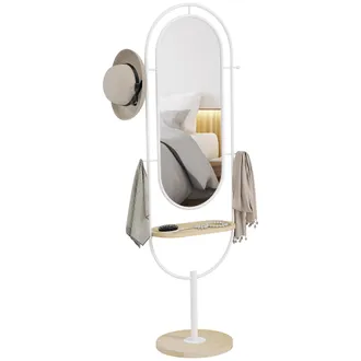 OEM Espejo De Cuerpo Entero 175,5x50 Cm Con Bandeja De Madera 4 Ganchos Y Marco De Metal Para Sal&oacute;n Dormitorio Blanco