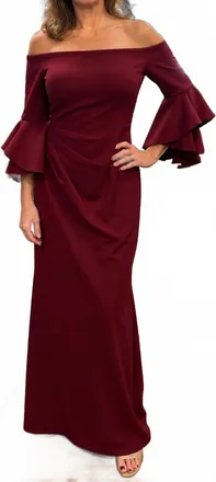 Jovani Off The Shoulder Bell Sleeves Dress In Wine