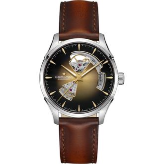 Hamilton Jazzmaster Open Heart Automatic Leather Strap Watch, 40mm in Gold at Nordstrom