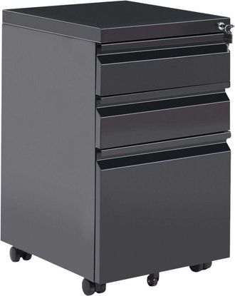 Beliani Storage Cabinet Black Steel 3 Drawers with Plastic Wheels Key-Locked Modern Office RECAMI