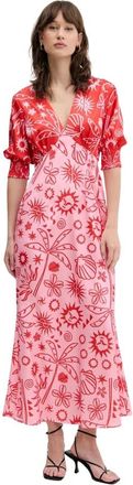 Never Fully Dressed Jurk met grafische print en V-hals - Dames - Maxi kleedjes - Rood - XL - Polyester - Kleedjes