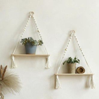 OEM Estanter&iacute;a De Pared De Madera De 2 Piezas: Estante Flotante De Estilo Bohemio, Soporte Blanco Plantas Encaje, Estante Almacenamiento Ajustable