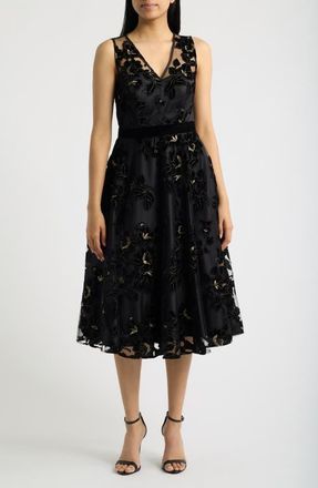 Eliza J Floral Appliqu&eacute; Sleeveless Party Dress in Black at Nordstrom, Size 14