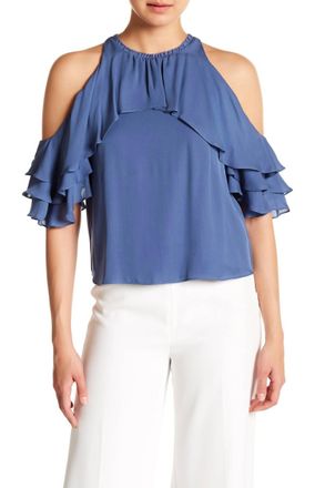 Alice & Olivia Silk Cold Shoulder Ruffle Top In Blue